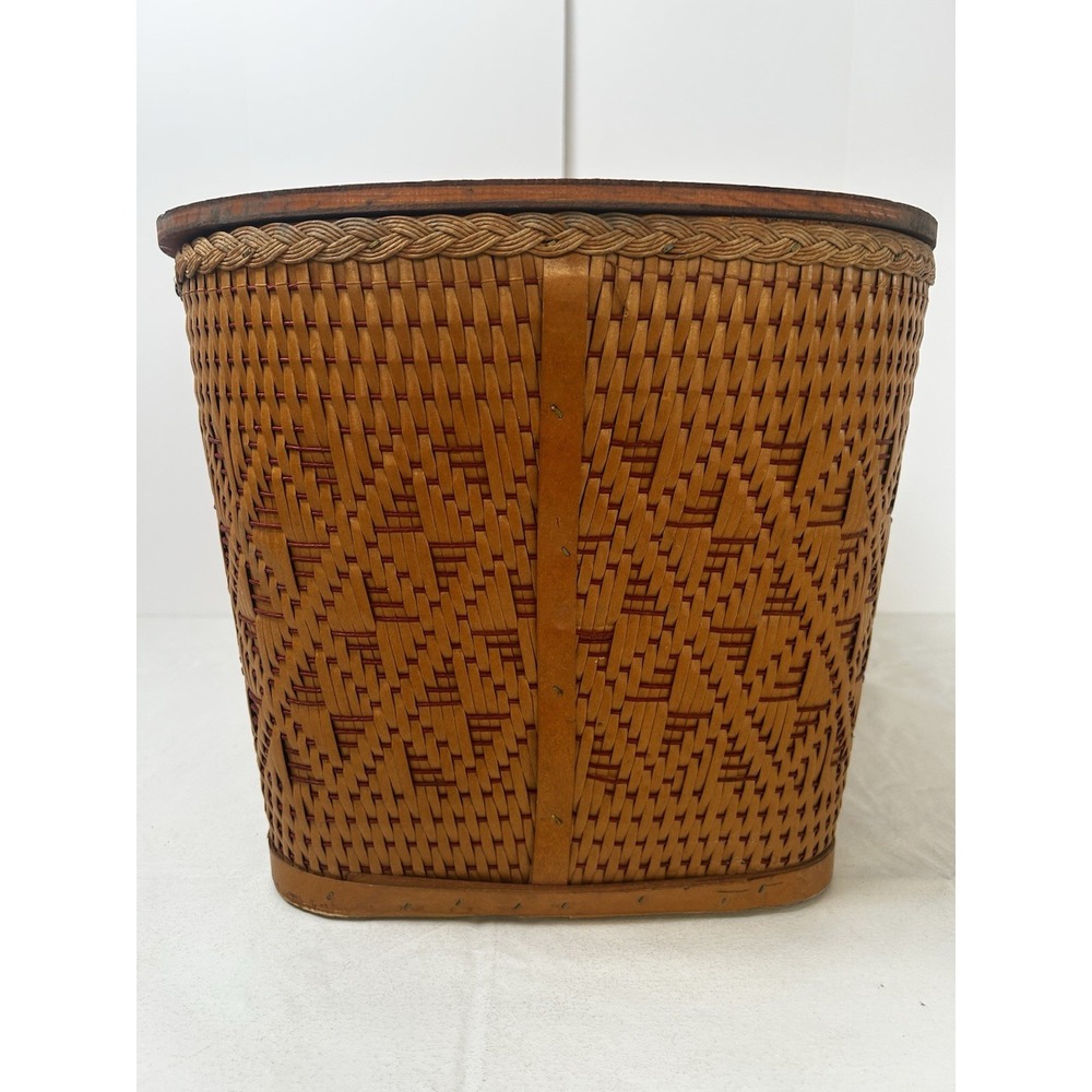 Vintage Redmon Woven Picnic Basket 22" Wood Lid & Handles Diamond Pattern - Picture 3 of 16